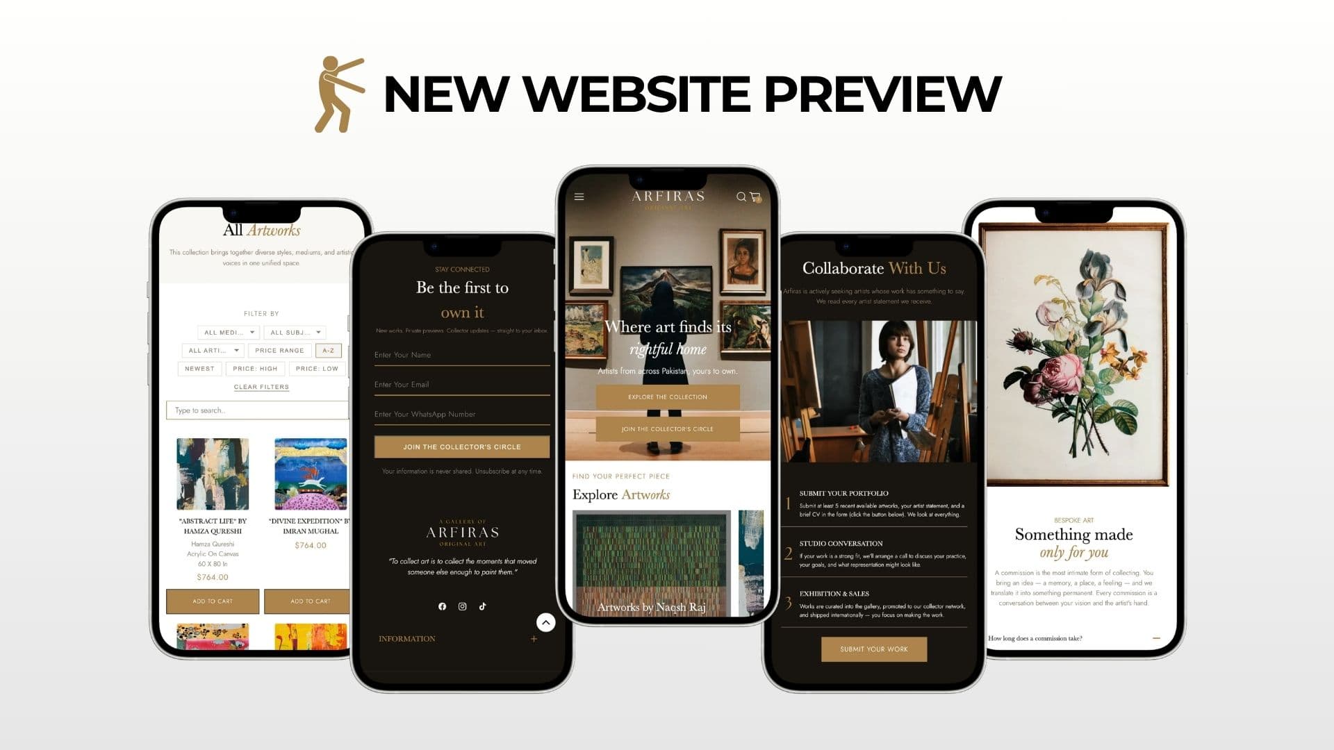Five phones previewing the new Arfiras site: artwork filters, newsletter sign up, homepage, artist call and commissions