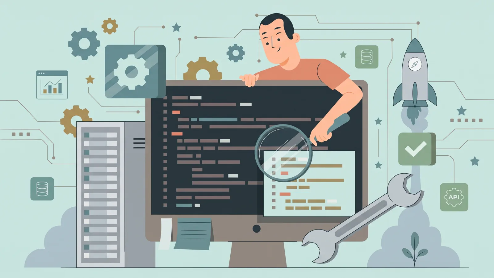 Illustration of a QA engineer reviewing flagged code issues on a monitor with a magnifying glass, next to a rocket launch icon representing a ready-to-ship release