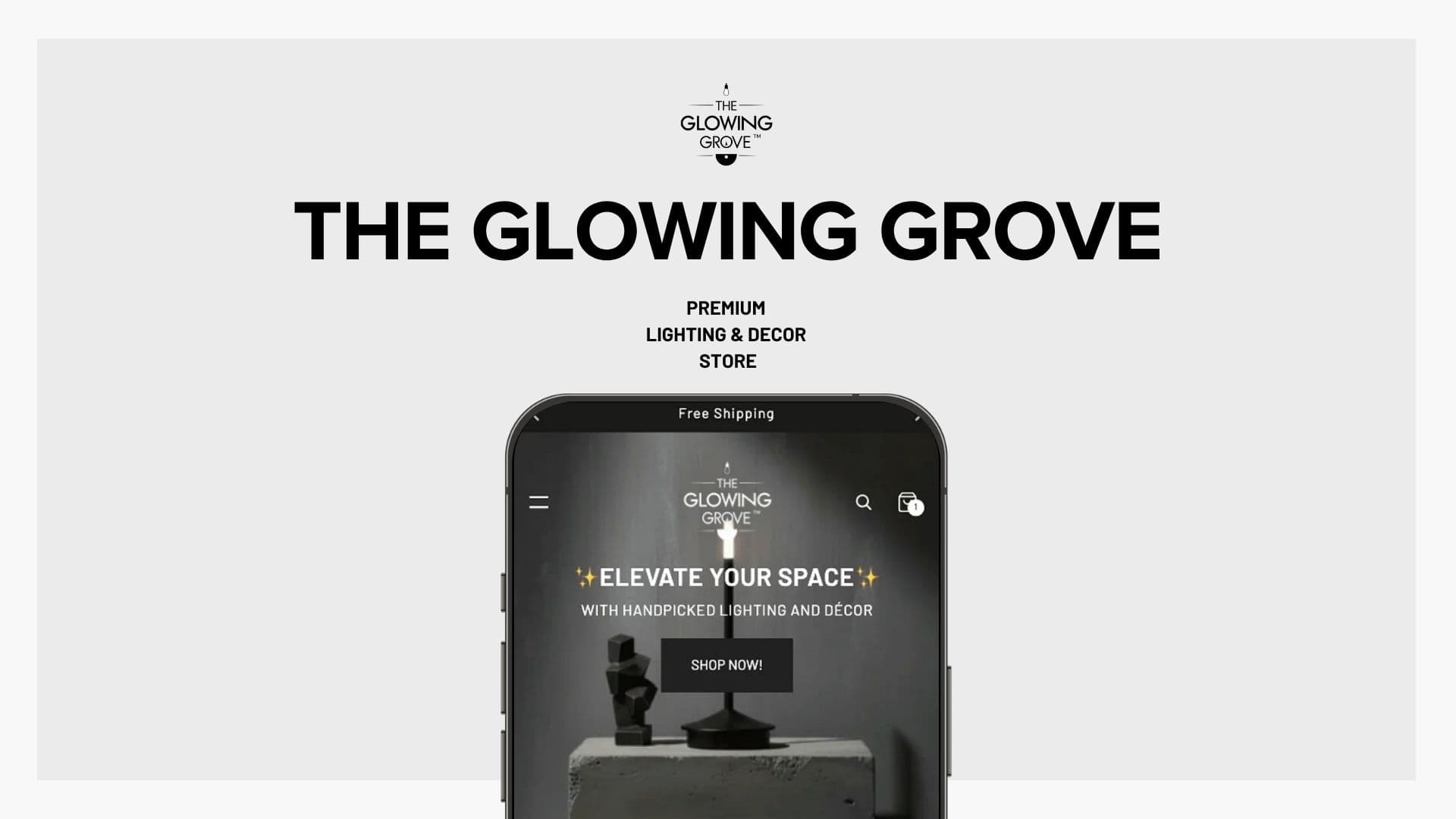 The Glowing Grove logo and title above a phone showing the dark homepage banner with a desk lamp and Shop Now button
