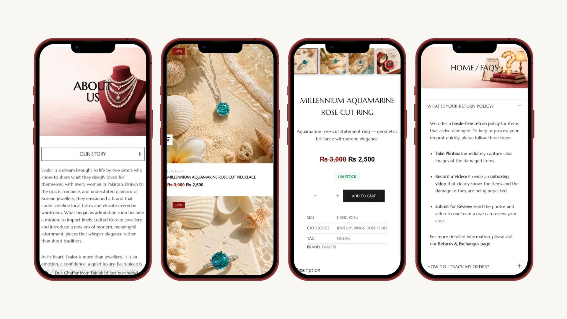 Four phones showing the Evalor about us story, an aquamarine necklace listing, a ring product page and the FAQs