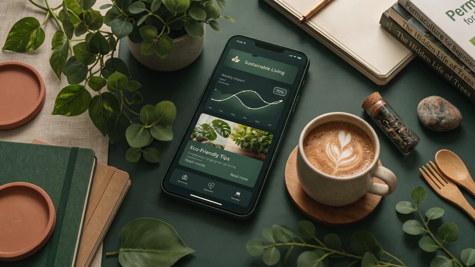 Phone showing a sustainable living app with a weekly impact chart, on a desk with coffee and house plants
