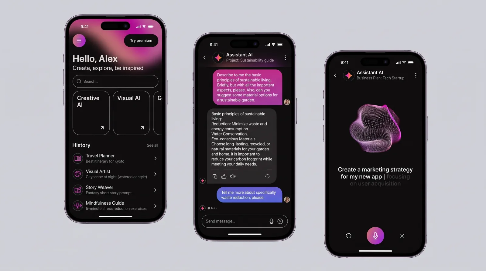 AI assistant app screens with a chat history list and a voice-orb interface