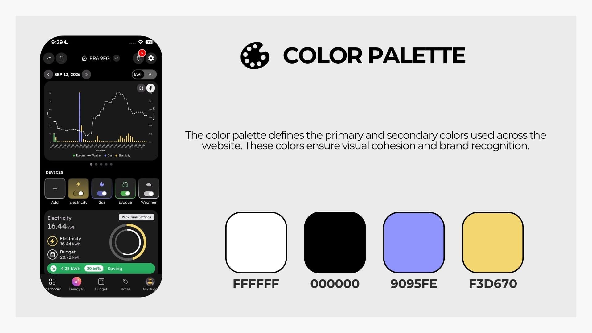 Hugo Energy colour palette of white, black, periwinkle and yellow next to the dark mobile energy dashboard