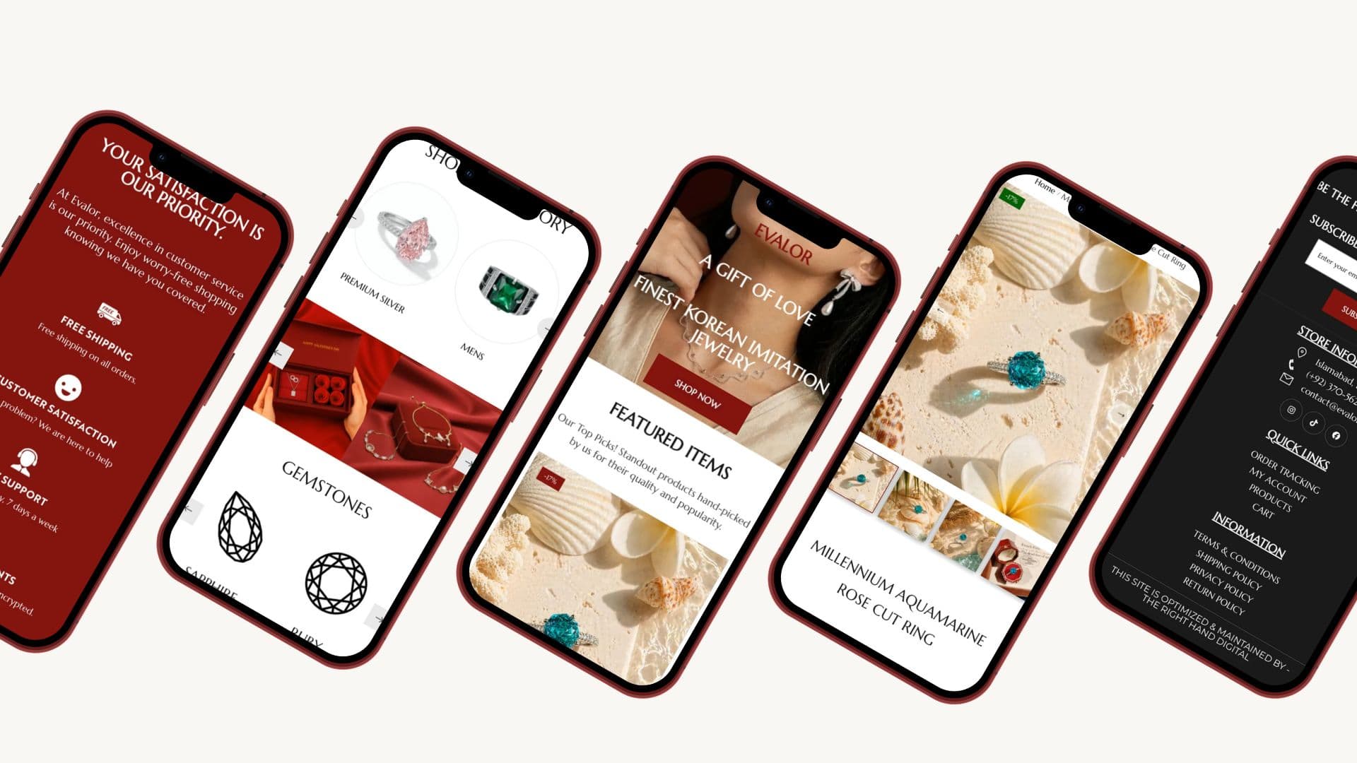 Five tilted phones showing Evalor pages, from gemstone categories and featured items to an aquamarine ring and footer