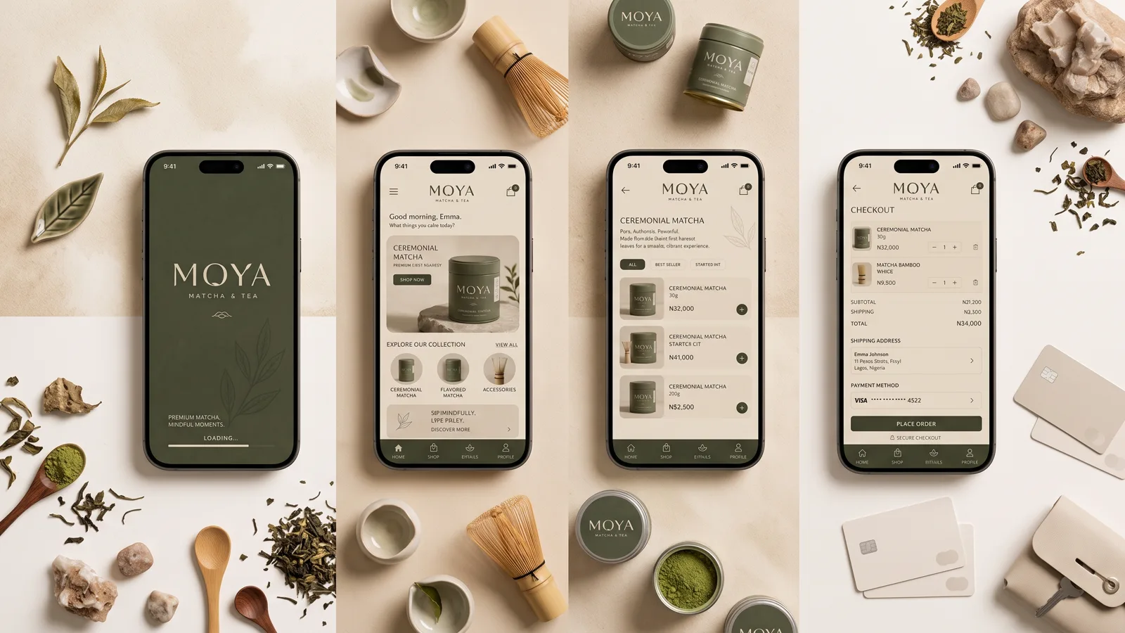 Four screens of a matcha and tea shopping app: splash screen, home, product listing and checkout