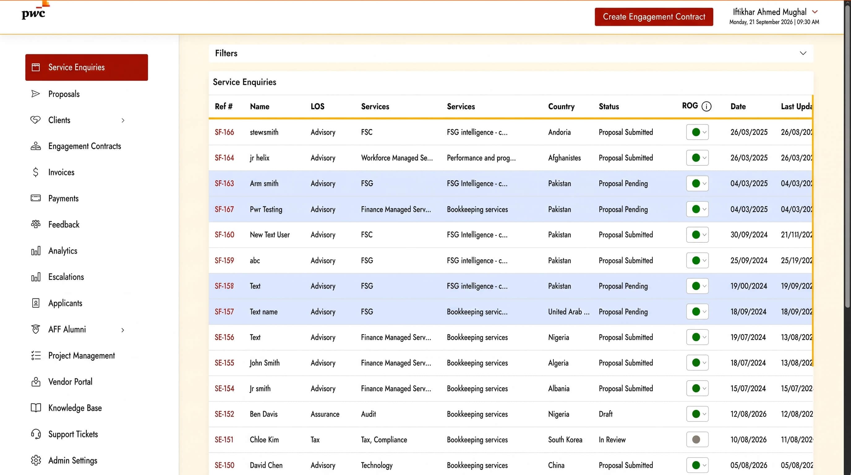 PwC engagement portal service enquiries table listing proposals, clients, countries and statuses across advisory, tax and assurance service lines