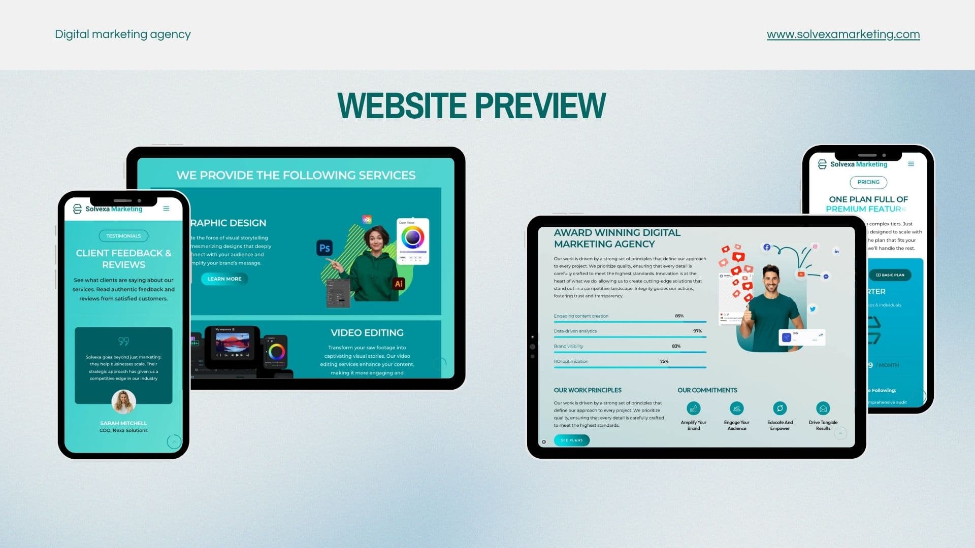 Solvexa website on tablets and phones, showing services, client reviews, the about section and a pricing plan
