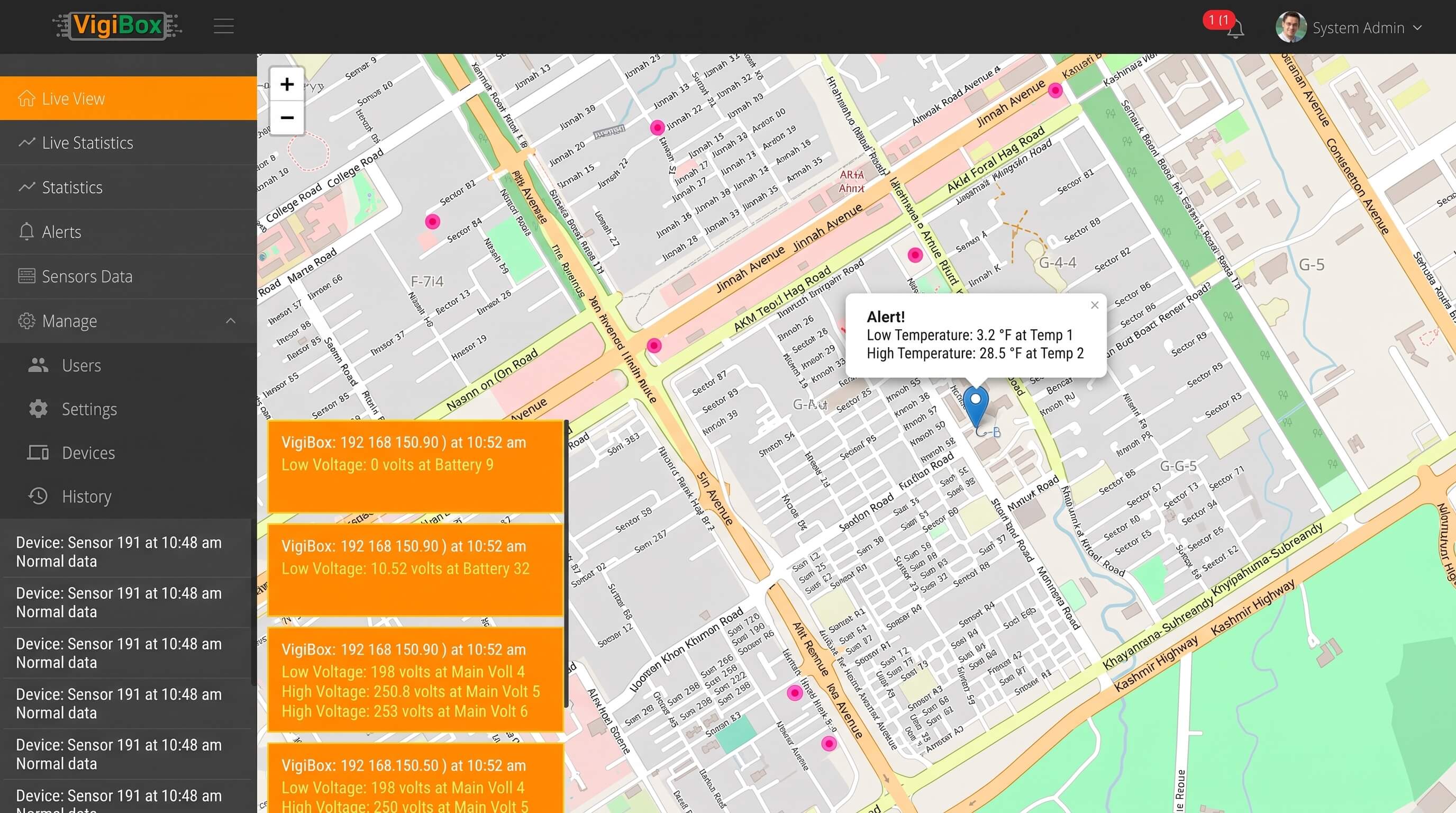 VigilBox environmental monitoring dashboard showing a live map of sensor alerts for low voltage and temperature across city locations