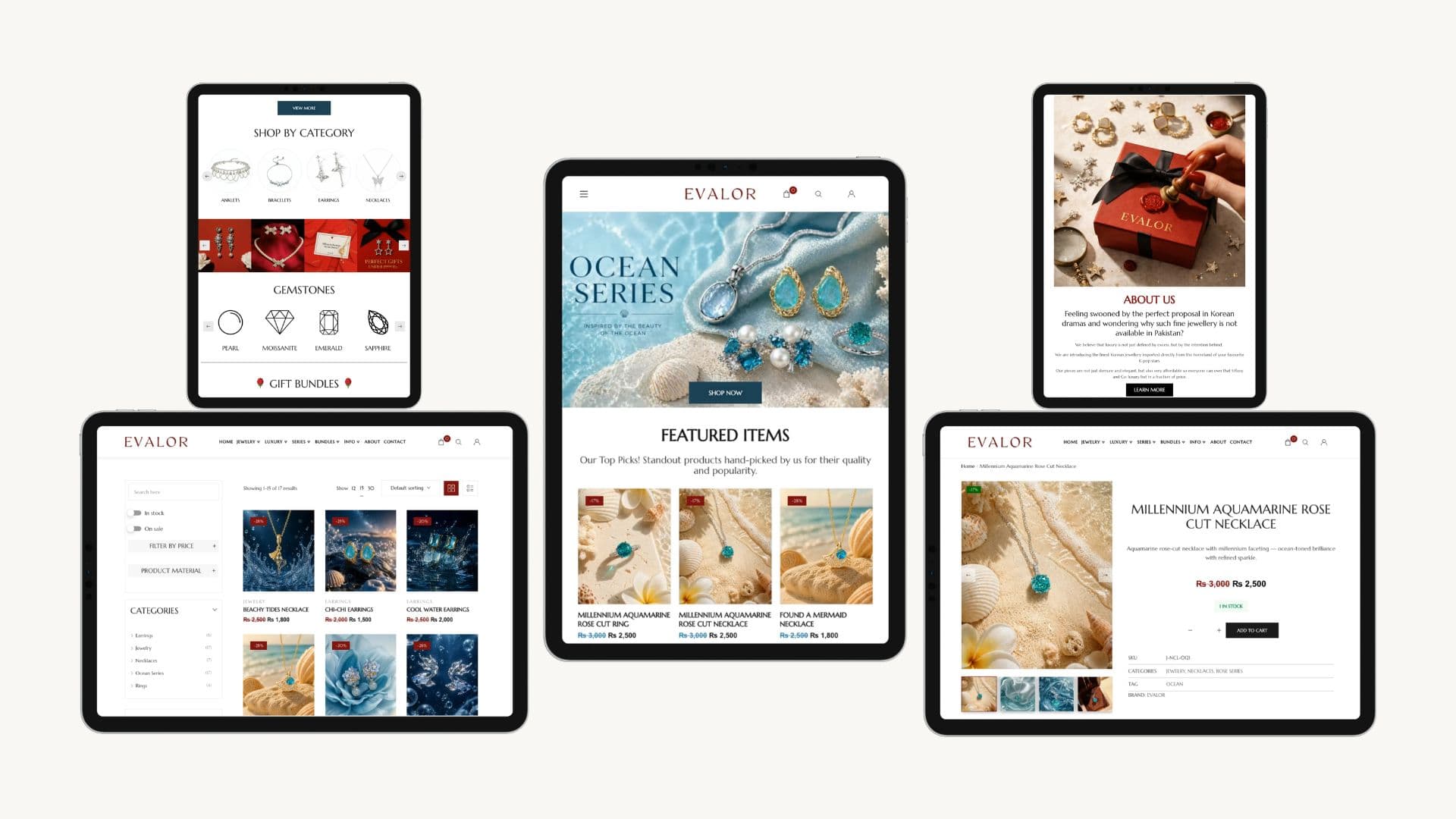 Evalor store on five tablets, including the Ocean Series banner, shop by category, product grid and a necklace page