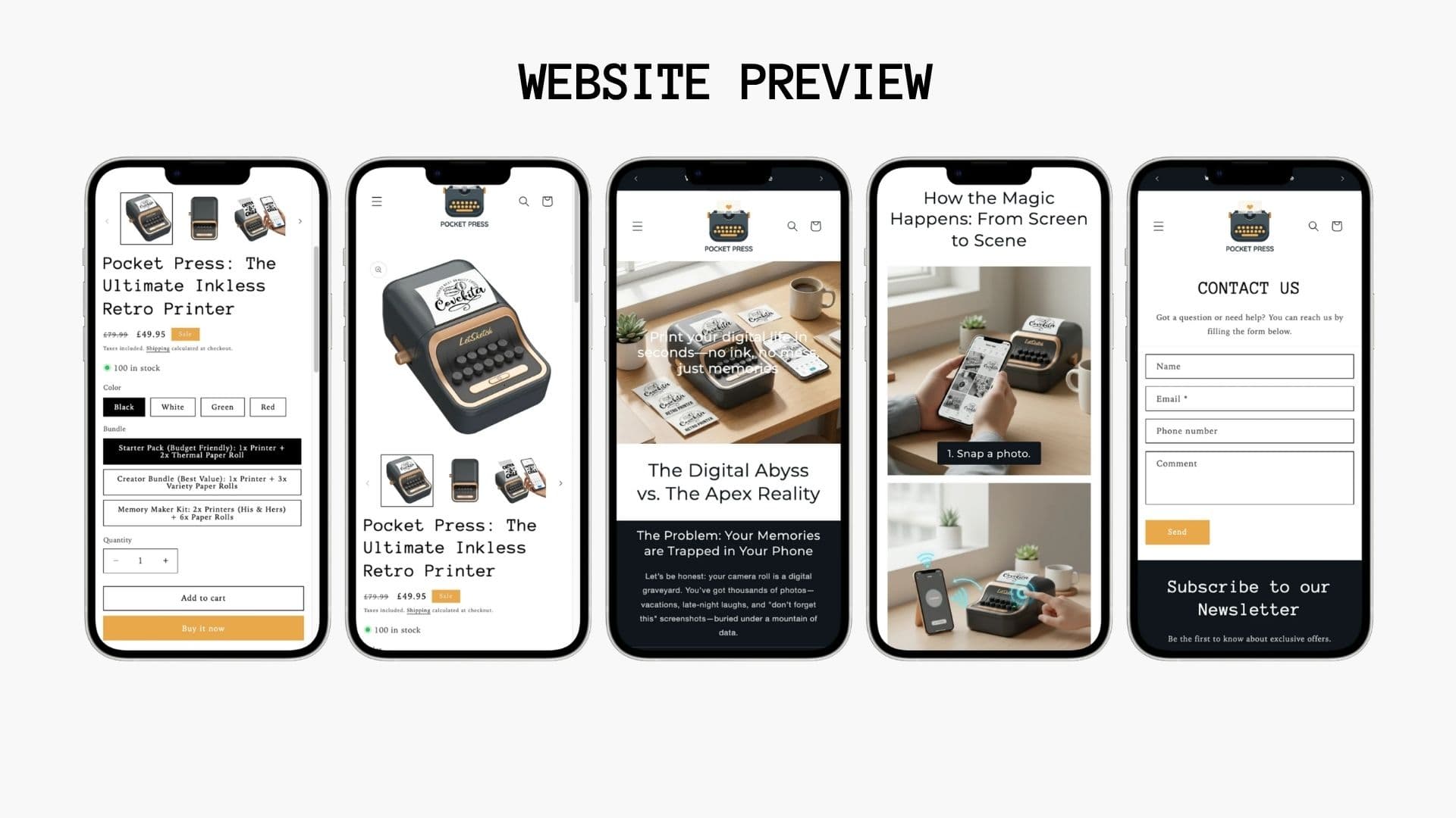 Five phones previewing the Pocket Press store: printer product page, homepage, how it works steps and contact form
