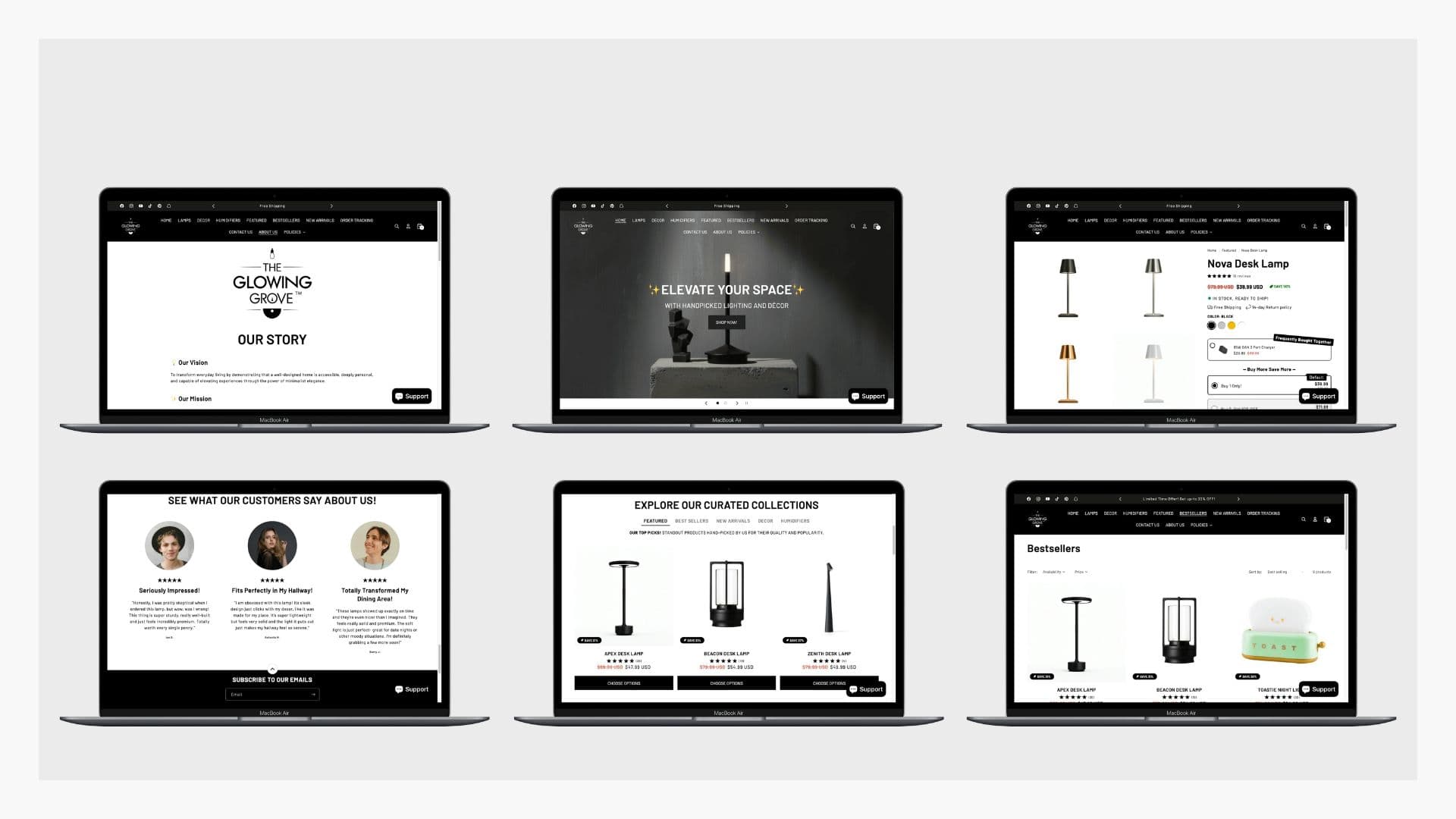 Six laptops showing Glowing Grove pages: our story, homepage, Nova Desk Lamp, reviews, collections and bestsellers