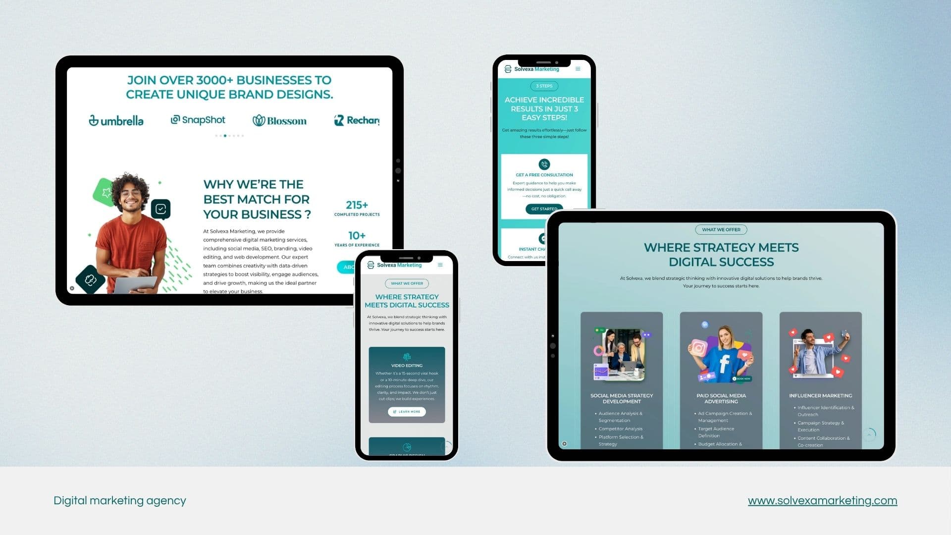 Solvexa pages on tablets and phones with client logos, why choose us stats, three step process and service cards