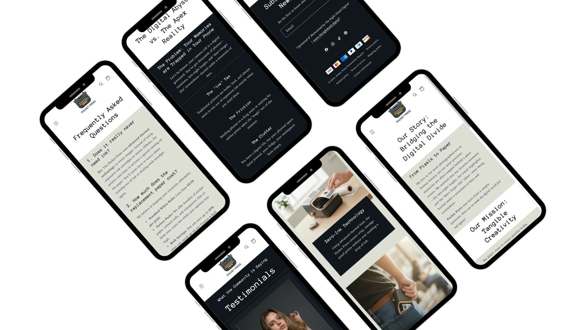 Angled phones showing Pocket Press FAQs, testimonials, zero-ink printing, the brand story and the dark site footer