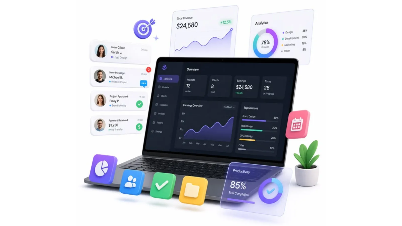 Laptop with a freelance business dashboard showing revenue, client notifications, analytics and task productivity