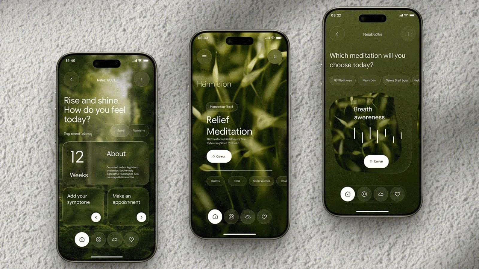 Three wellness app screens on a green nature background for daily check ins, guided meditation and breath awareness
