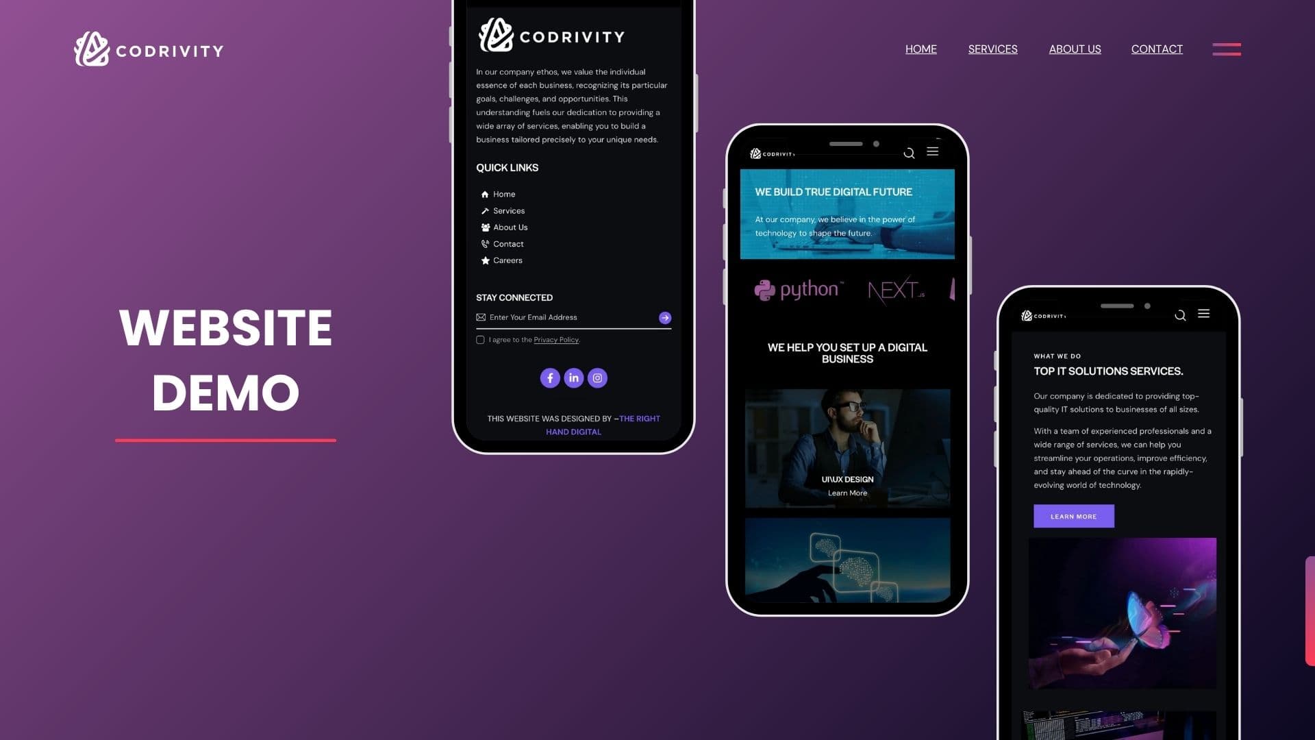 Codrivity website demo on three phones showing the footer, a Python and Next.js section and What We Do