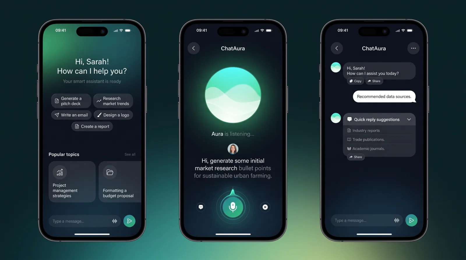 ChatAura AI assistant app screens with a chat and voice interface