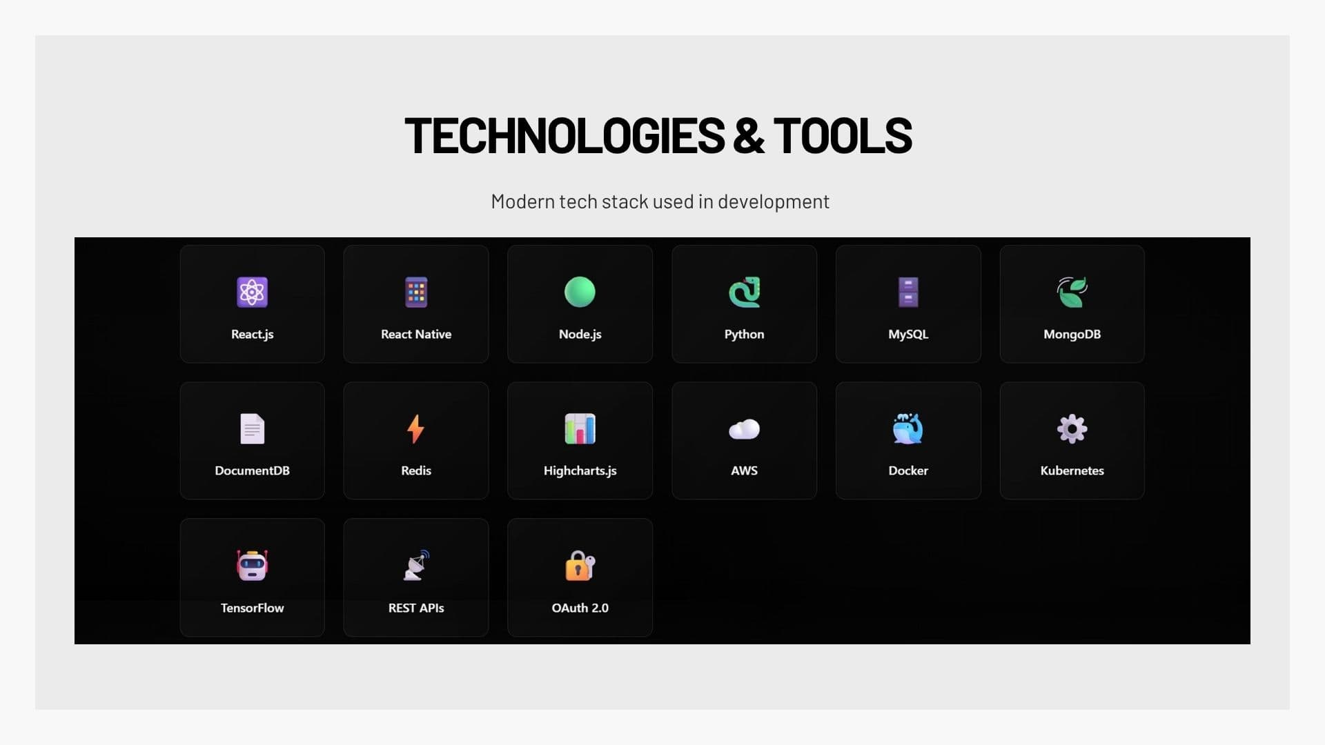 Tech stack for the Hugo Energy platform, including React Native, Node.js, Python, AWS, Docker, Kubernetes and TensorFlow