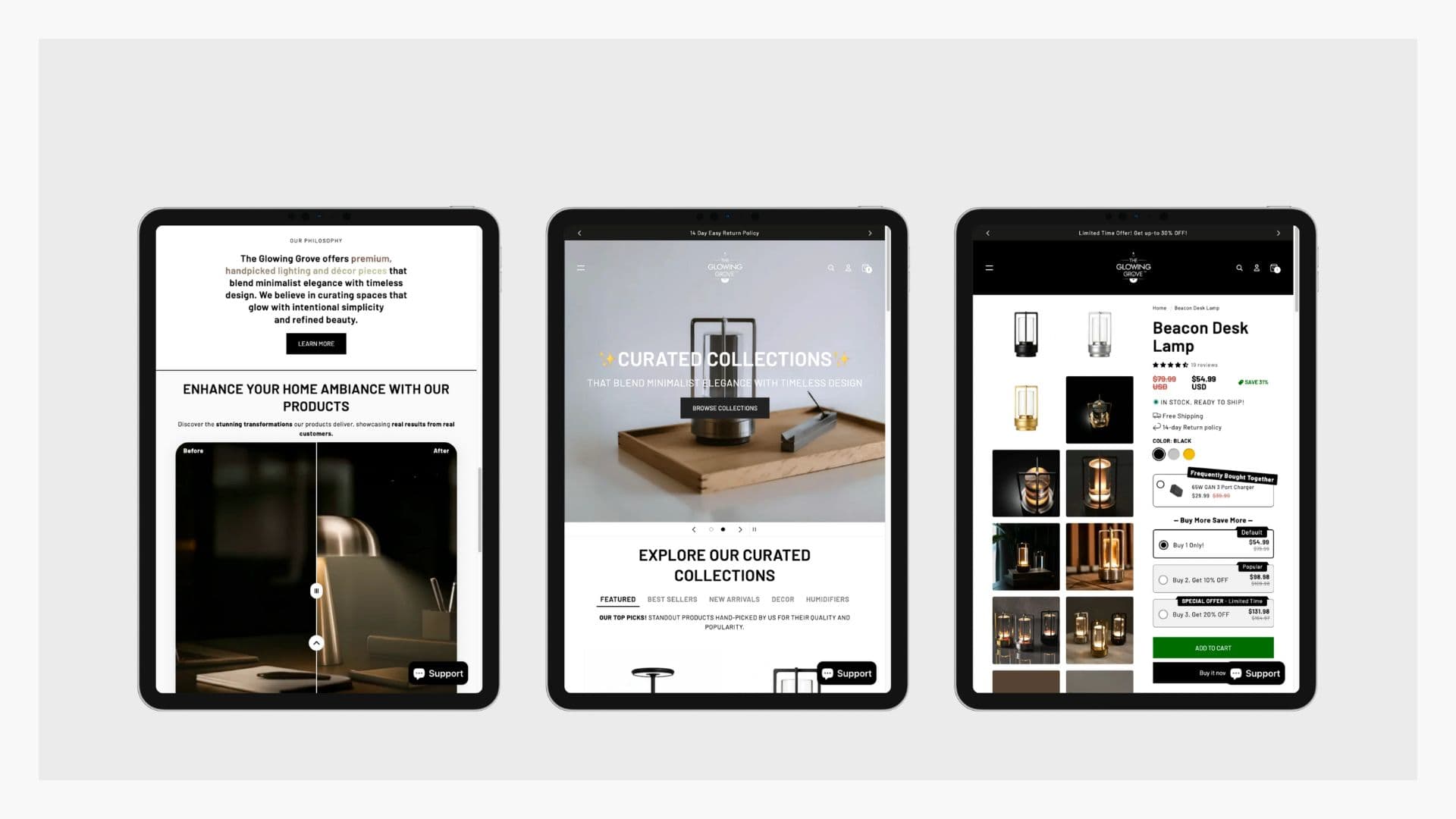 Three tablets showing a before and after lamp slider, the curated collections banner and the Beacon Desk Lamp page
