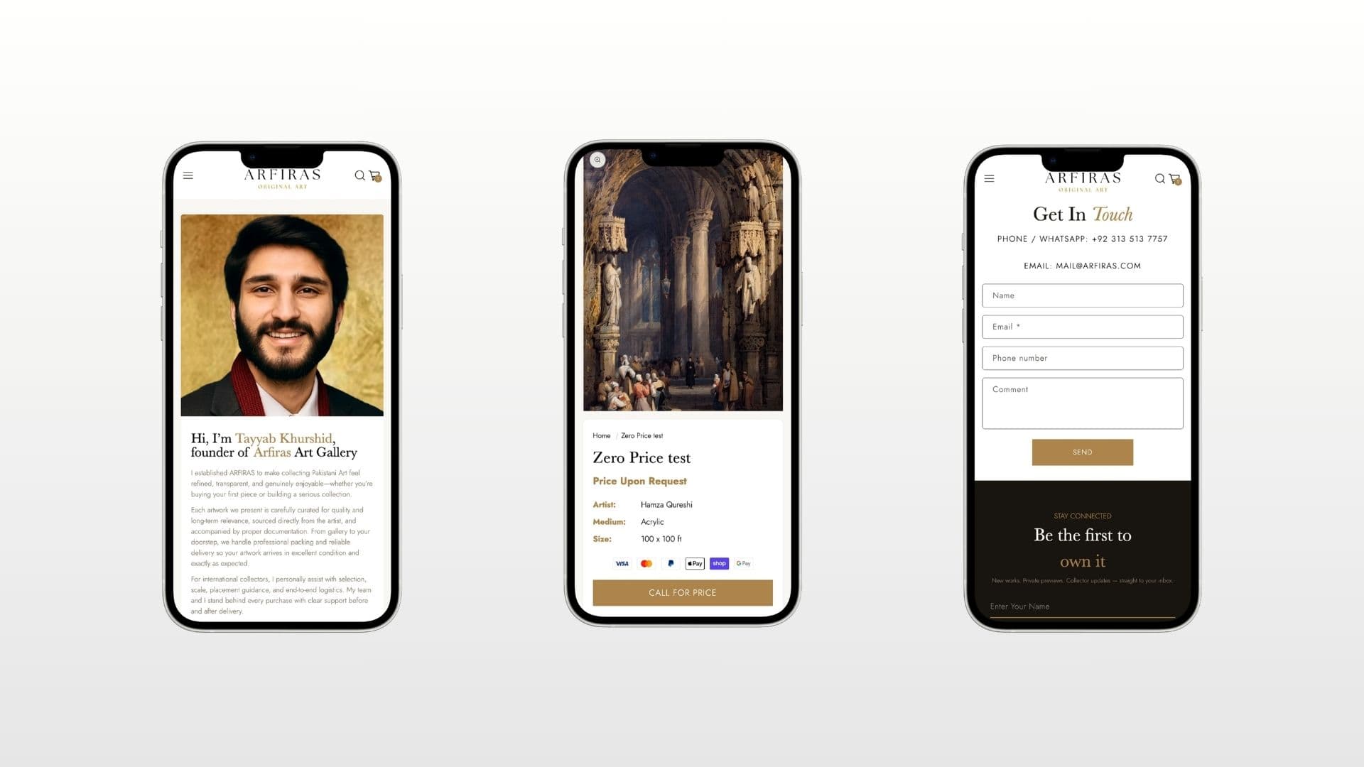 Arfiras mobile founder story page, a price on request artwork listing and the contact form with phone and email