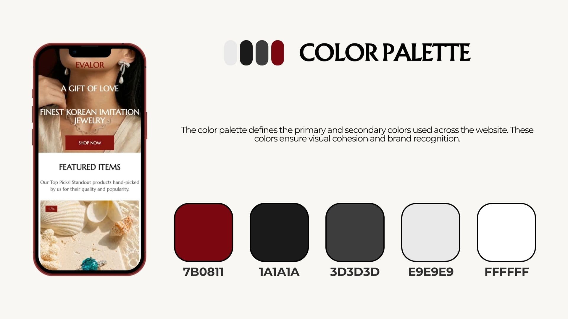 Evalor colour palette in deep red, black, grey and white beside a phone showing the homepage and featured items