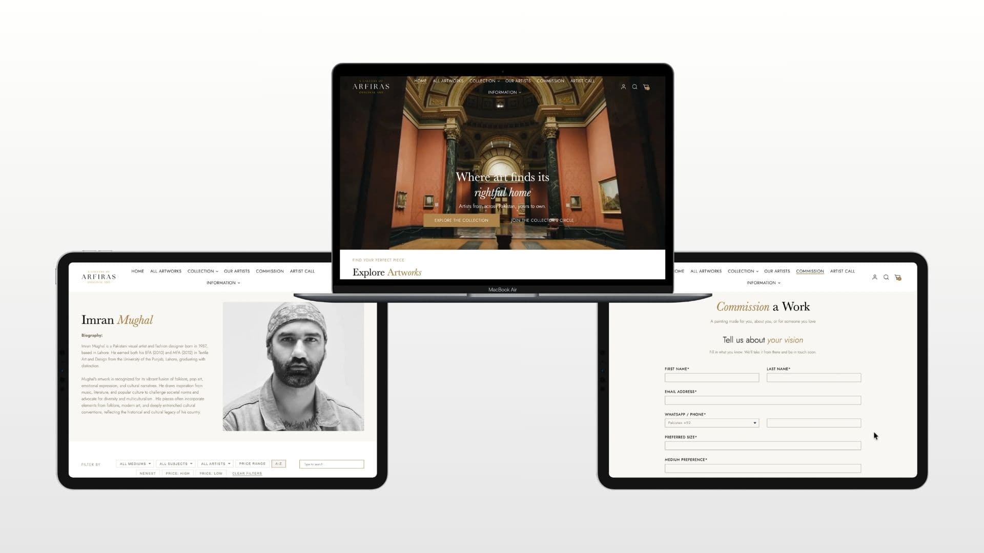 Arfiras gallery homepage on a MacBook, with an artist profile and a commission request form on two tablets