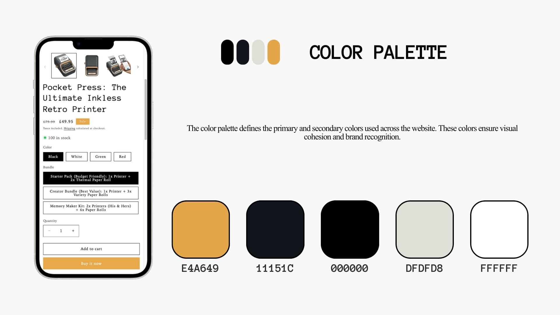 Pocket Press colour palette in mustard, navy, black, stone and white next to the printer product page on a phone