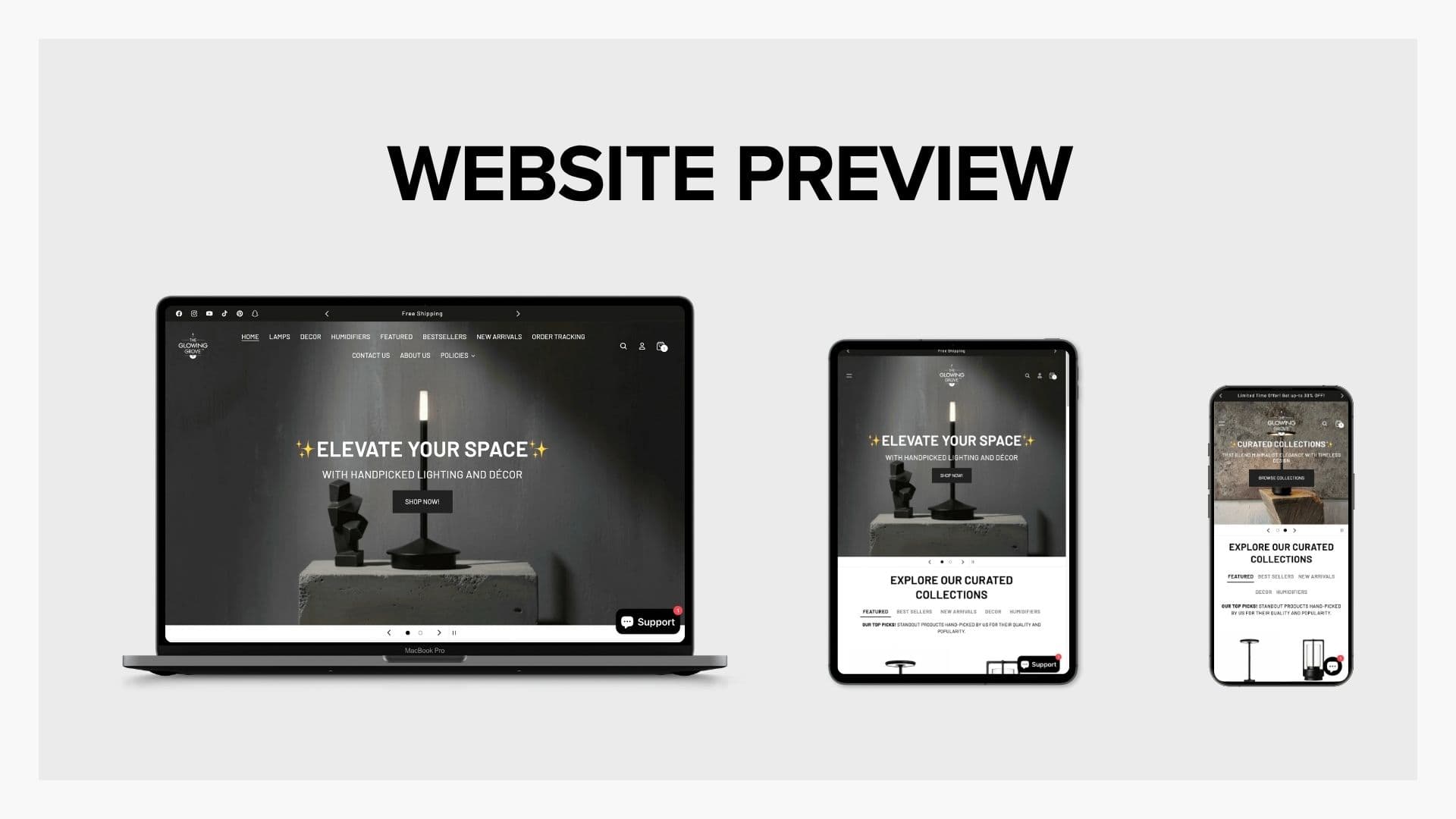The Glowing Grove homepage on a MacBook, tablet and phone, with the Elevate Your Space lamp banner