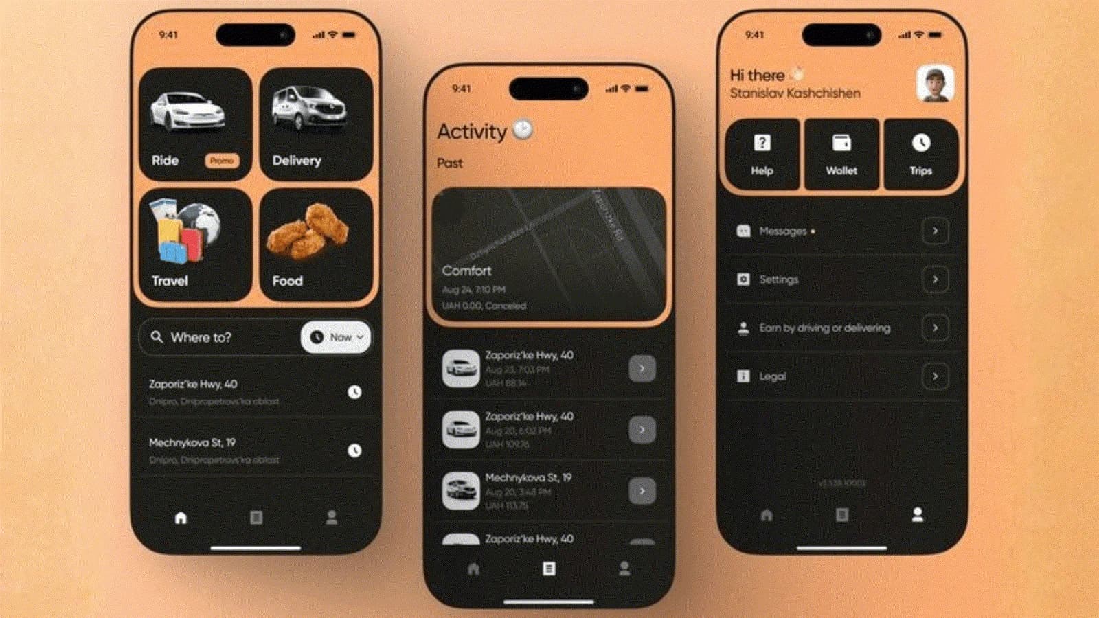 Ride hailing and delivery app screens with quick action tiles, trip history and an account menu