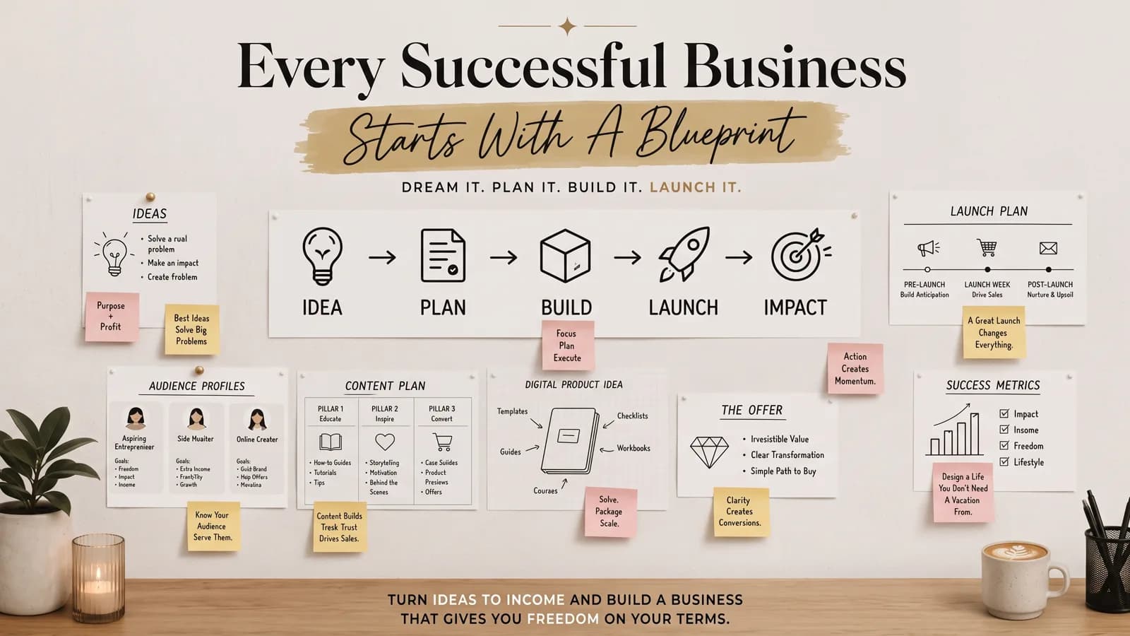 Business planning wall chart showing the idea to launch pipeline, audience profiles, content plan and success metrics