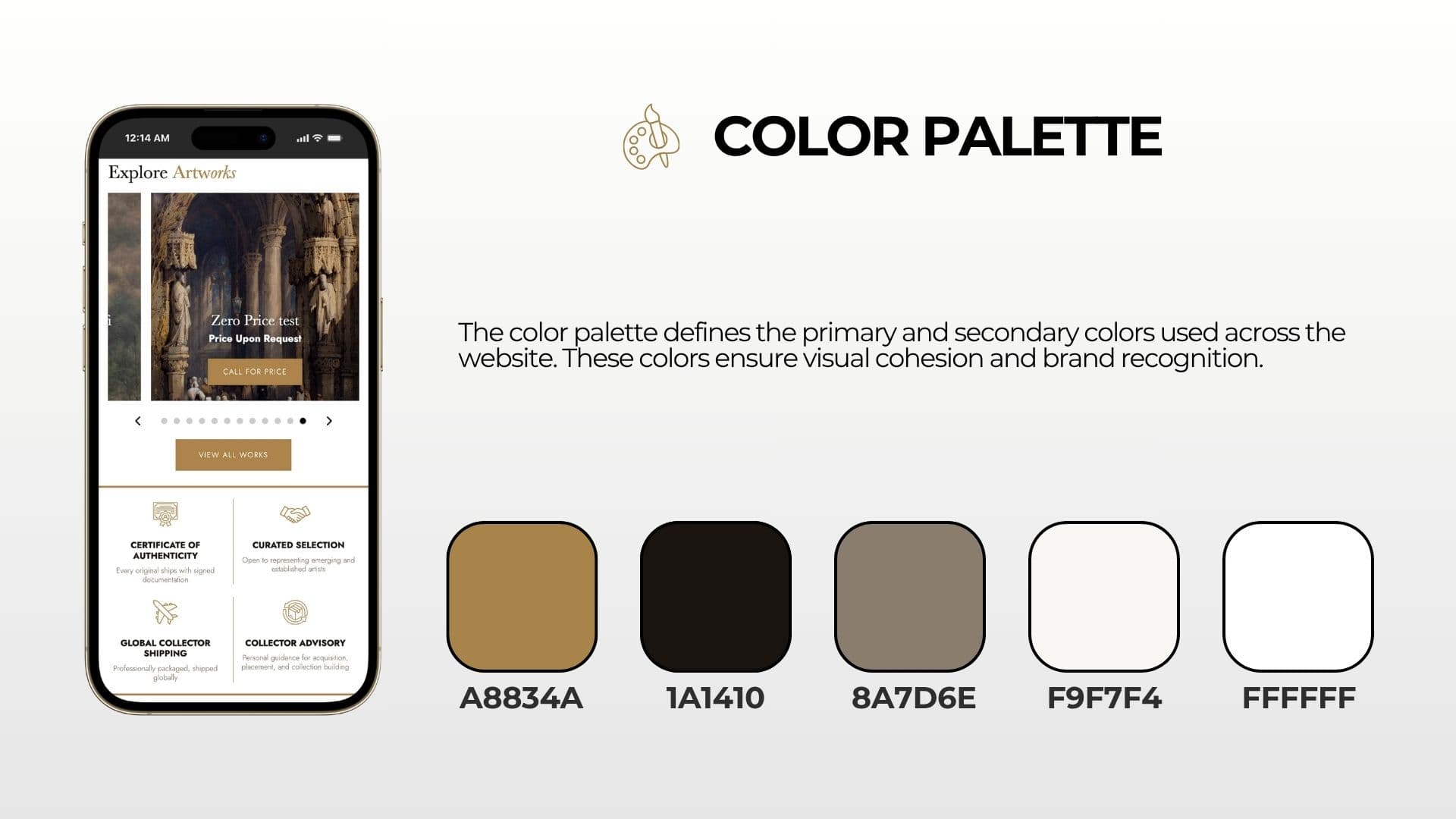 Arfiras colour palette of gold, near black, taupe and off white beside the mobile Explore Artworks slider
