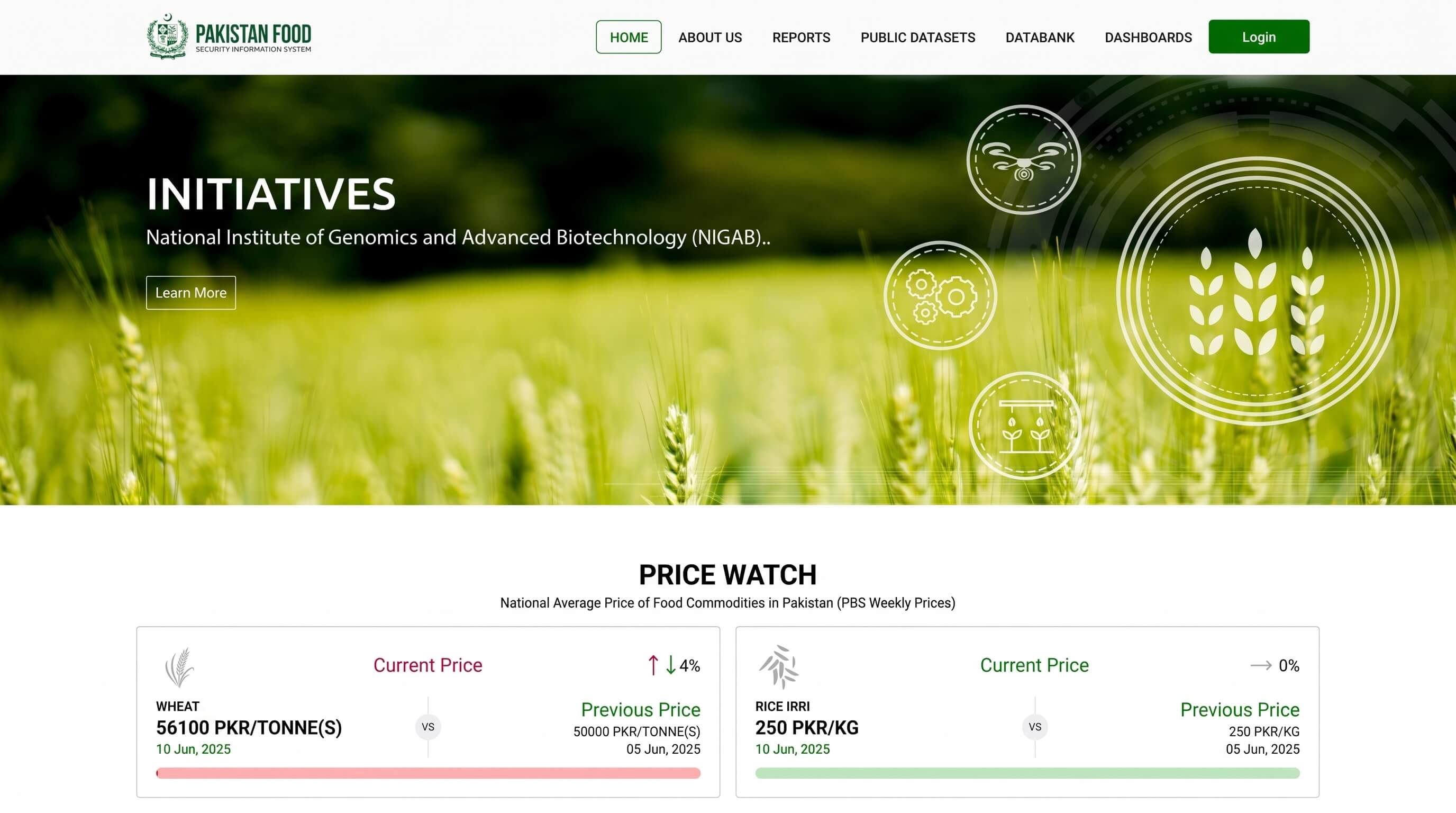 Pakistan Food Security Information System homepage with a wheat field banner, an initiatives section and a price watch panel comparing wheat and rice prices