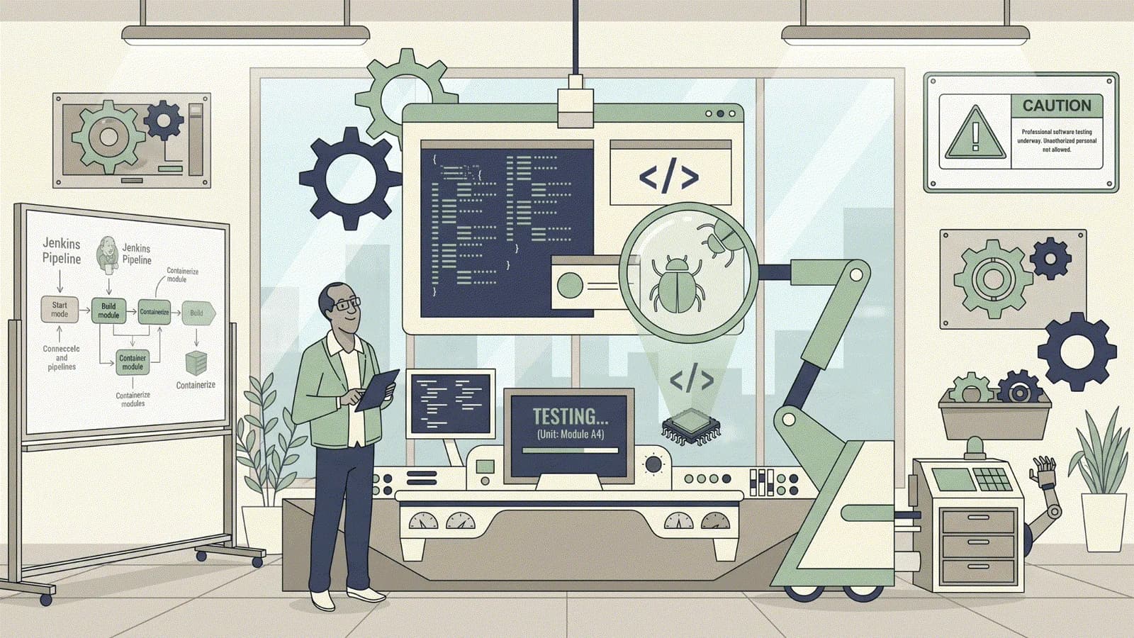 Illustration of an automated test pipeline with a robotic arm inspecting code for bugs beside a Jenkins pipeline diagram and a live test progress screen