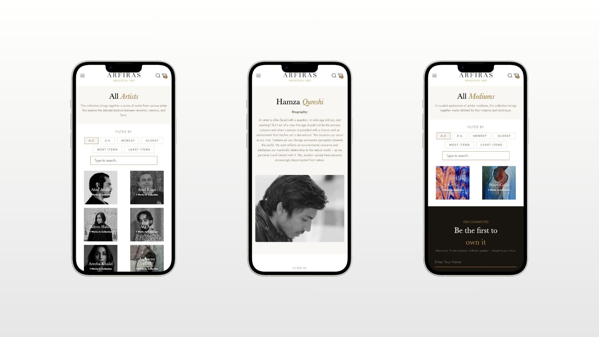 Arfiras mobile pages listing all artists, an artist biography for Hamza Qureshi and artworks grouped by medium