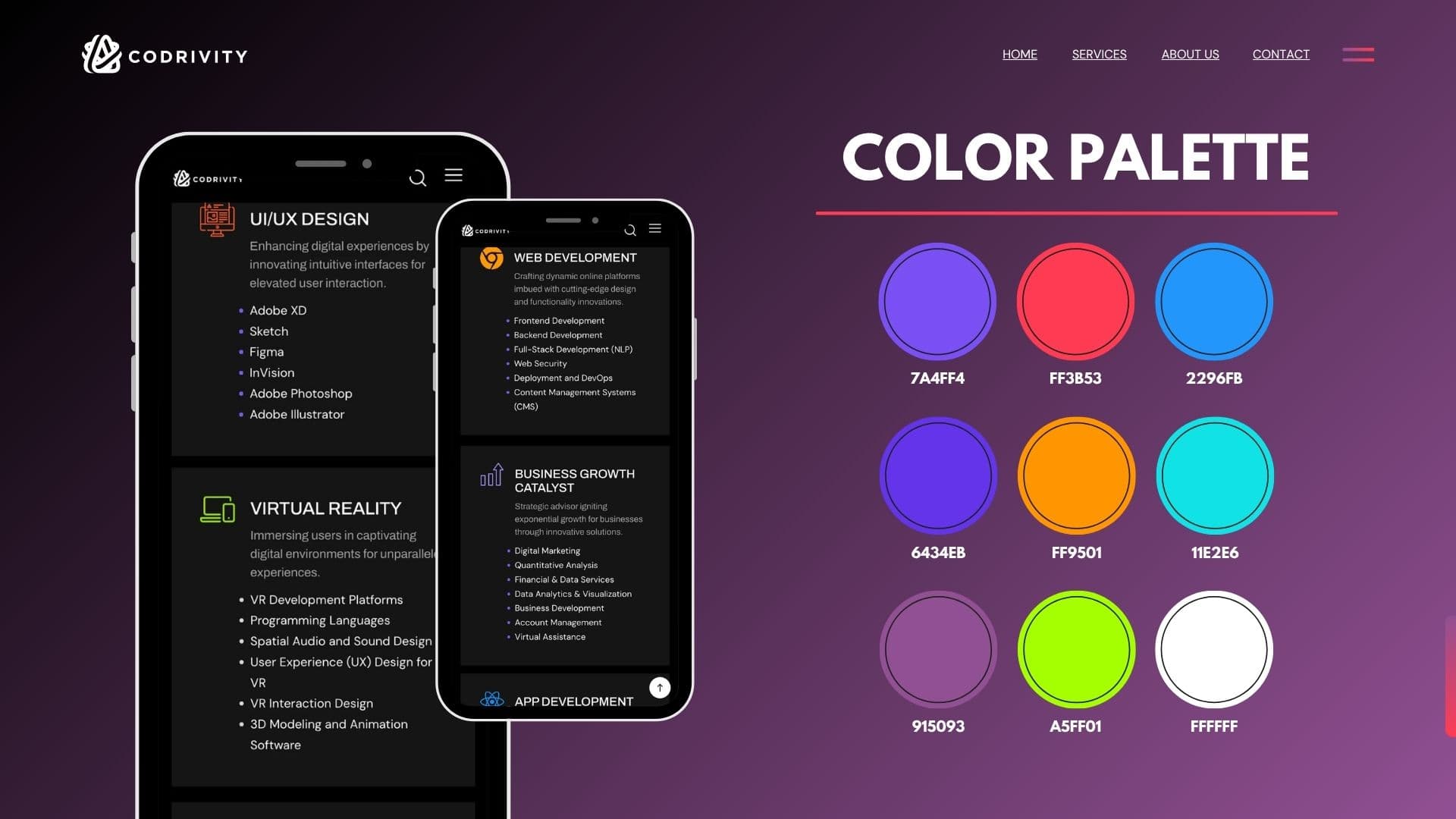 Codrivity service pages on two phones beside the site's nine colour palette swatches with hex codes
