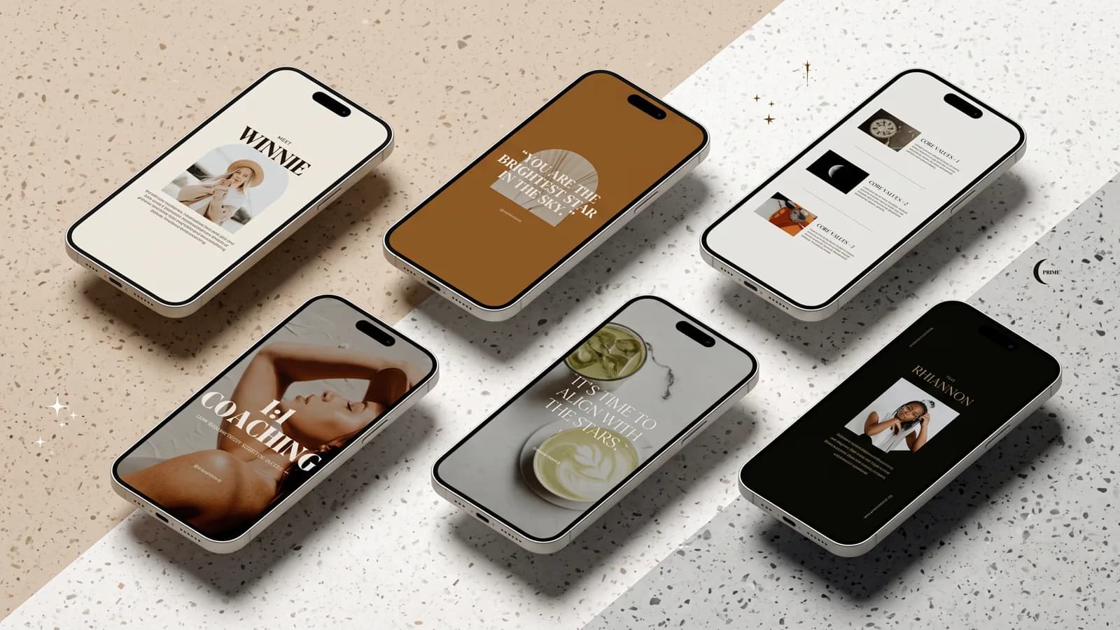 Six phone screens for a personal coaching brand featuring the coach profile, quotes and core values