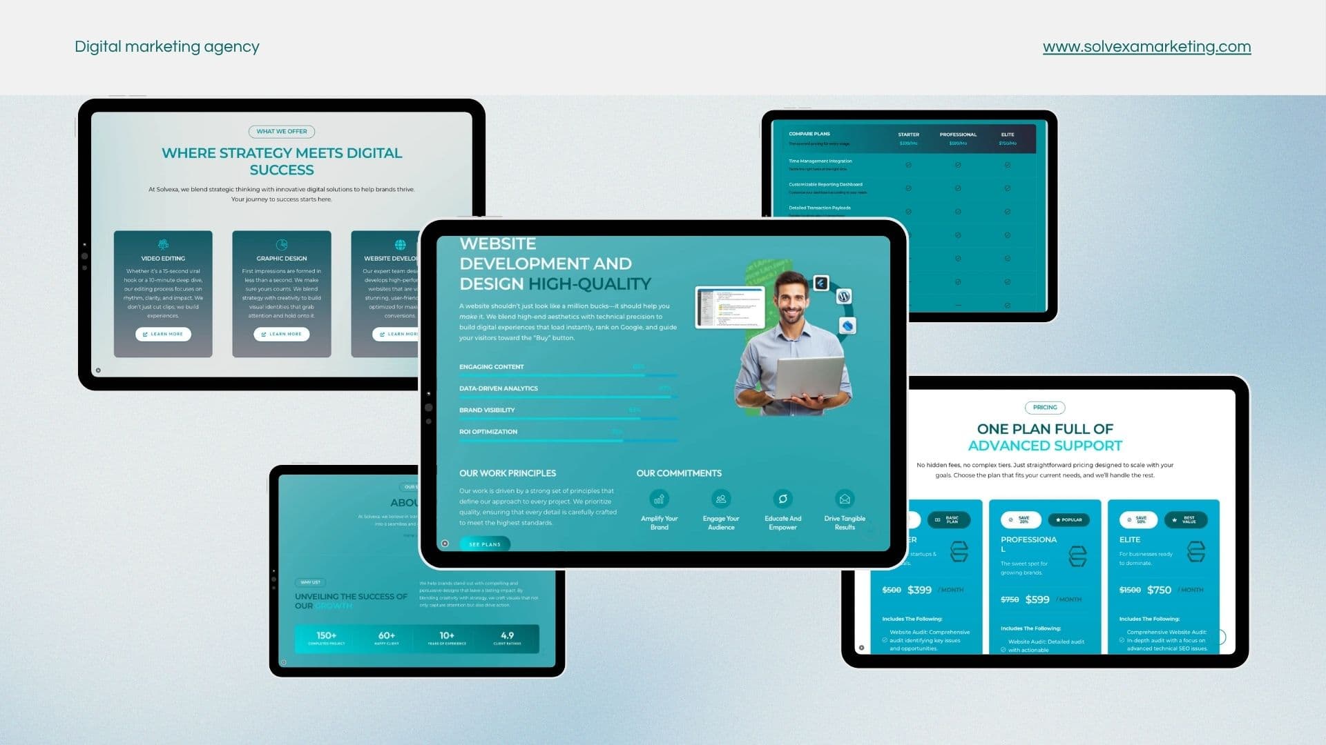 Solvexa tablet screens for web development, service cards, company stats and a three tier pricing comparison
