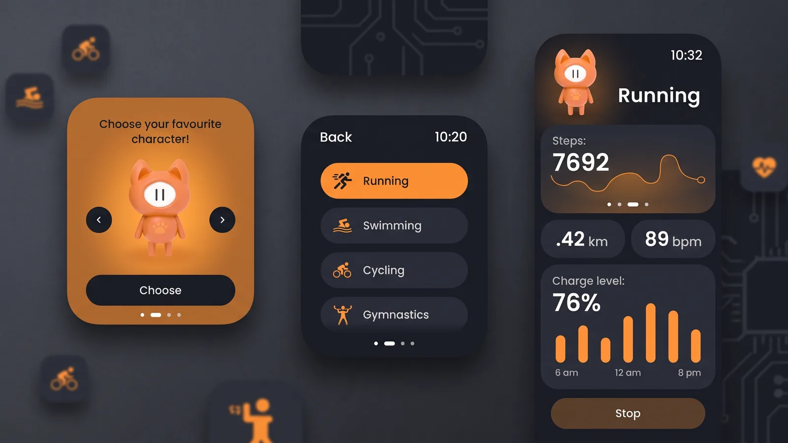 Fitness app UI with a character picker, an activity list and a running stats screen with steps and heart rate