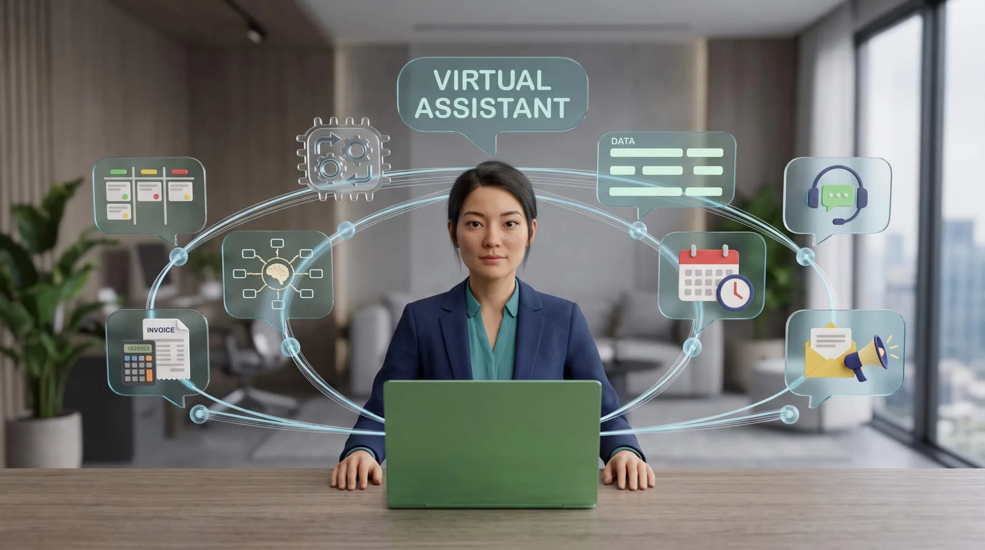 Illustration of a virtual assistant managing a calendar on screen, surrounded by icons for email, reports, task lists, files, security and team communication