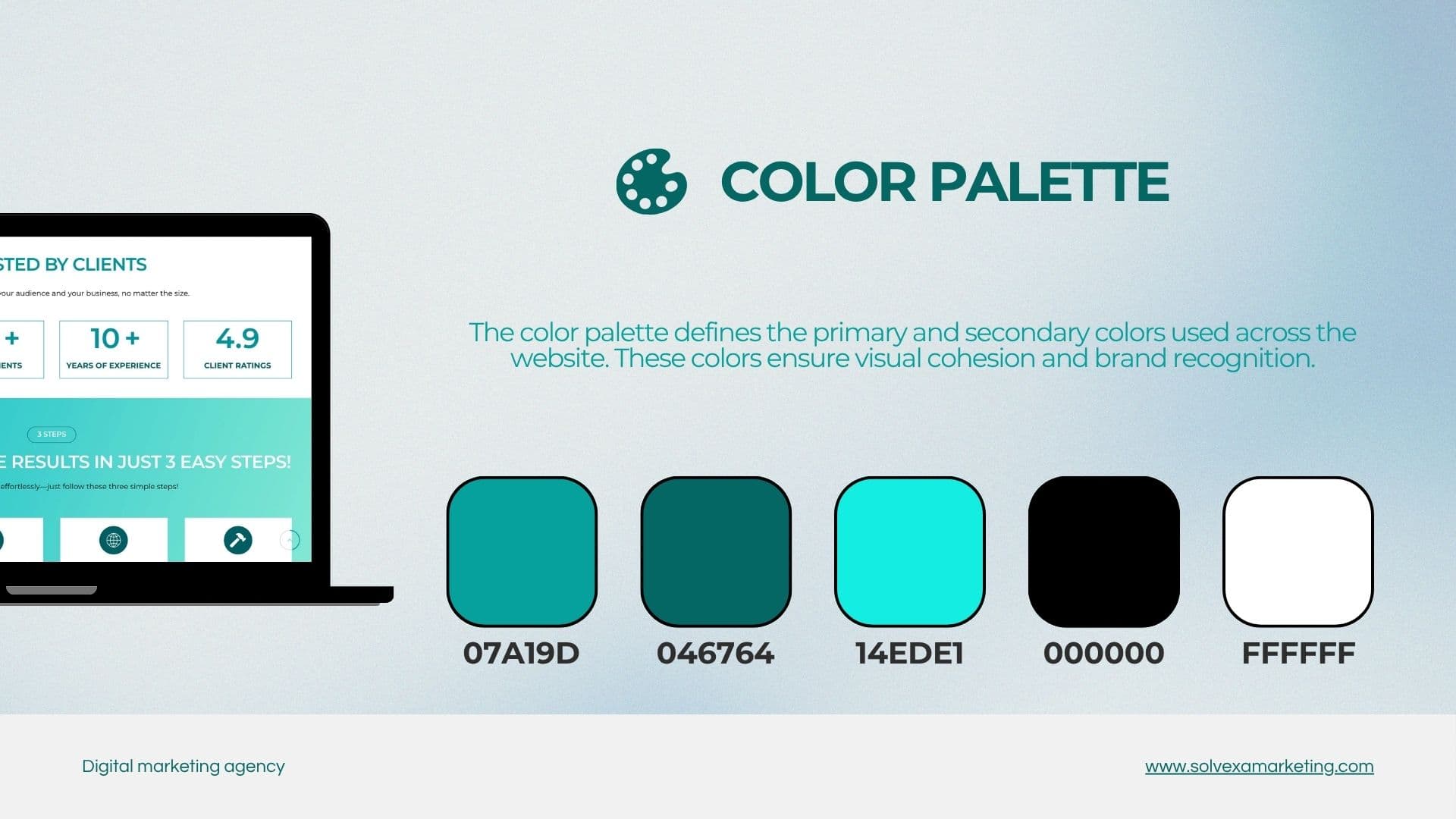 Solvexa colour palette of teal, dark teal, aqua, black and white beside a laptop showing client stats