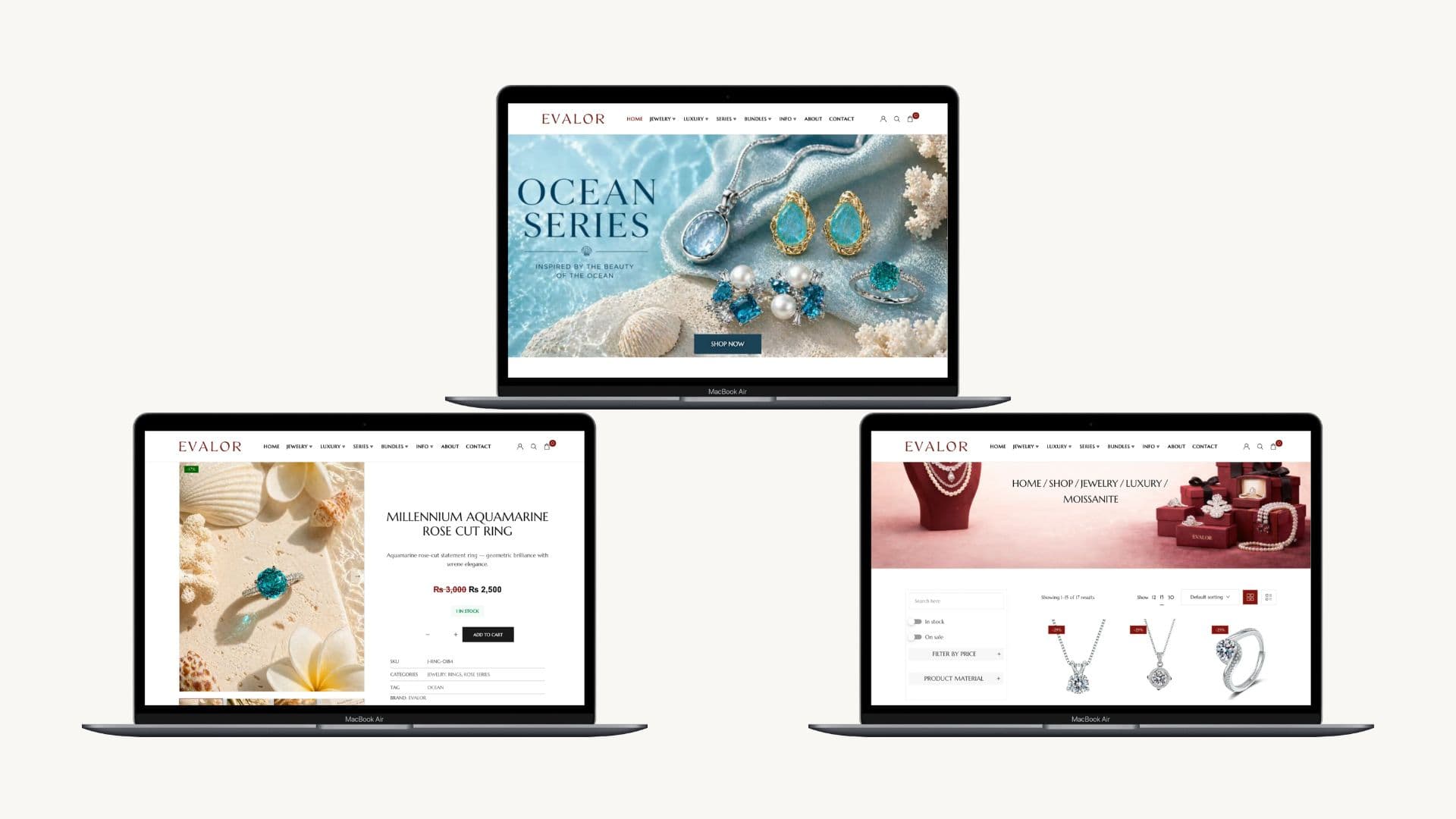 Three laptops showing the Evalor Ocean Series homepage, an aquamarine ring product page and a moissanite shop listing