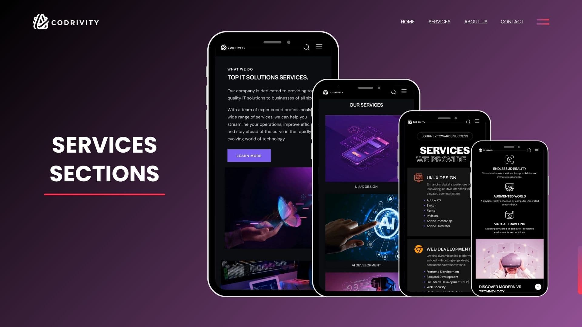 Codrivity services sections on four overlapping phones, from What We Do to UI/UX and VR services
