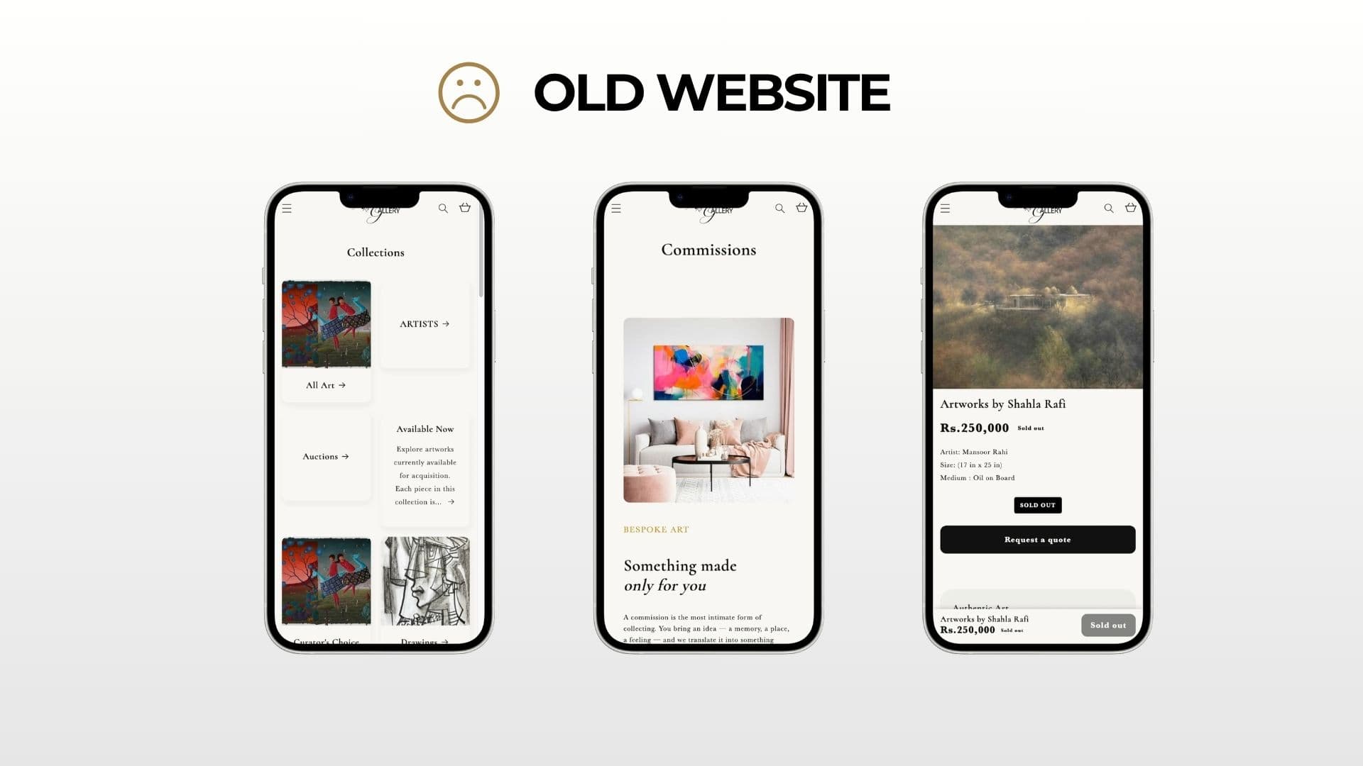 The old Arfiras gallery website on three phones, showing its collections, commissions and a sold out artwork page