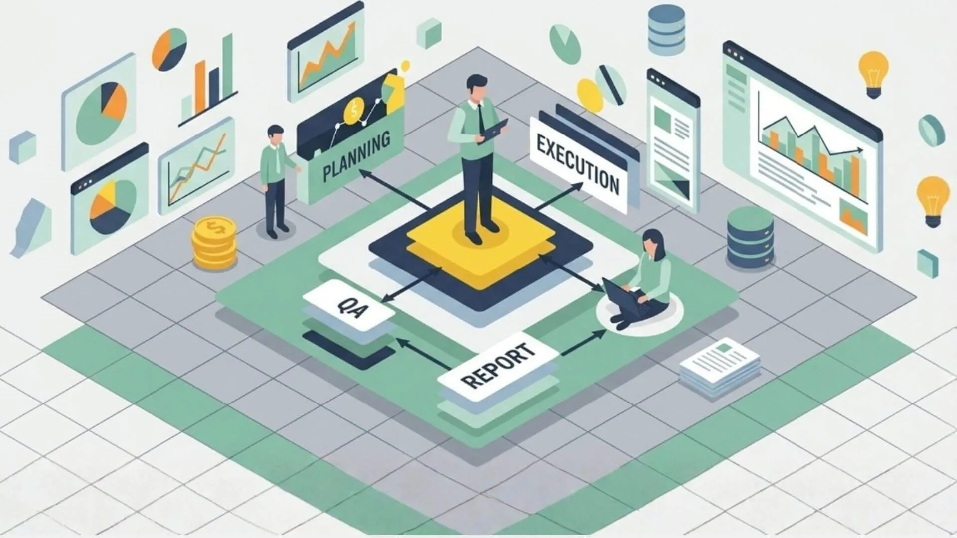 Isometric illustration of a QA testing workflow moving through planning, execution and reporting stages, surrounded by analytics dashboards
